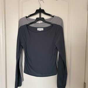 Pink Rose Women's Long-Sleeve Scoop Neck Tops - Dark Gray and Light Gray